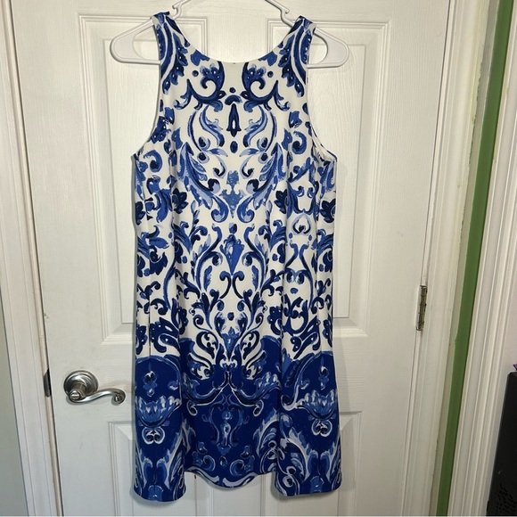 Lauren Ralph Lauren Stretch Crepe Damask Sleeveless A-line Dress Size 6 Blue - Picture 2 of 14